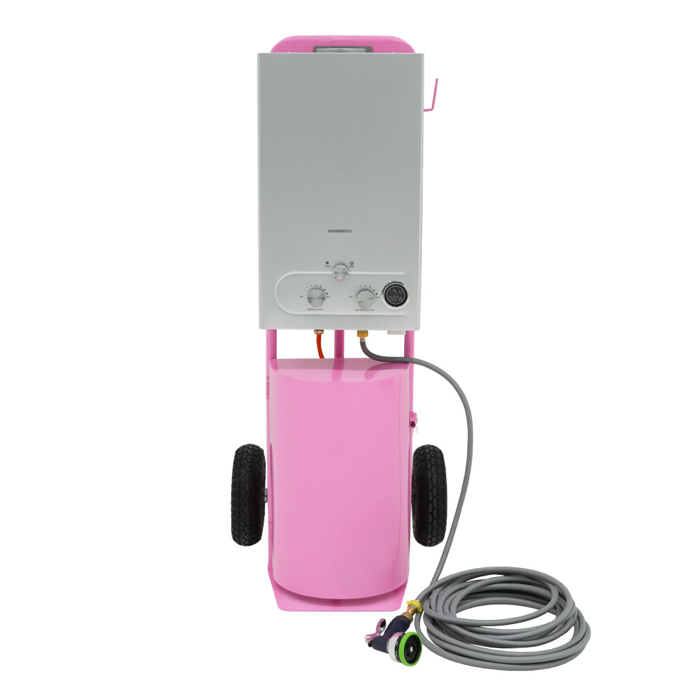 (18L Portable Horse Shower Instant Gas Hot Water Heater LPG Boiler & Trolley Pink) Portable Horse Shower Hot Water Boiler & Trolley