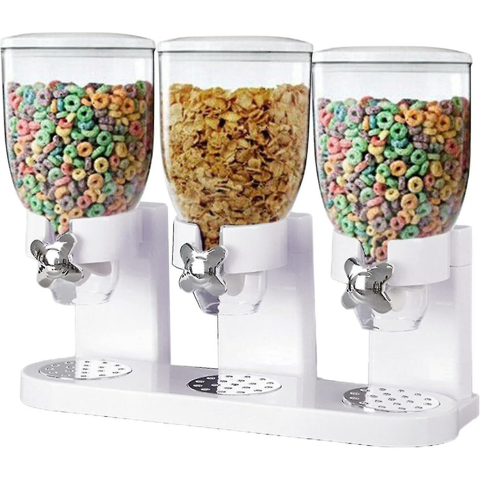 (White) Triple Food Dispenser   Canister Dry Food Dispenser Cereal Distributor Kitchen Countertop Storage Container For Candy Nut  N Granola Snack