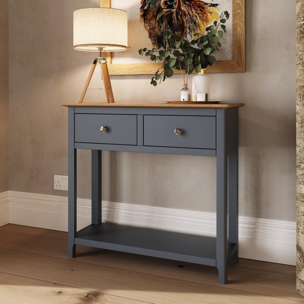 2 Drawer Console Table Graphite Blue Large Oak Top Painted Finish