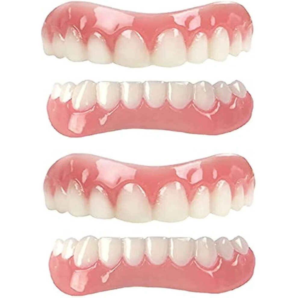 2 Pairs Cosmetic Veneer Instant Dentures - Natural Tone Upper/Lower Silicone Teeth Prosthesis, Temporary Whitening