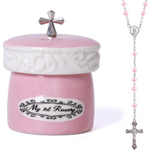 Mitt frsta radbandskors fr flicka Keepsake Box och Rosary Gifting Set Pink