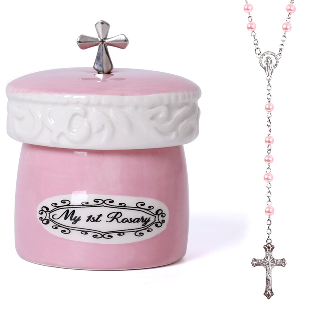 My First Rosary Cross for Girl Keepsake Box and Rosary Gifting Set, Pink
