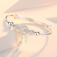 Adjustable Silver Color Bangle Tassel Feather Round Bead Charm Bracelet Cuff for Women Elegant Wedding
