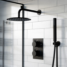 Nes Home Folke 2 Dial 2 Way Round Concealed Thermostatic Shower Mixer Valve, Shower Head, and Handset Black Matte