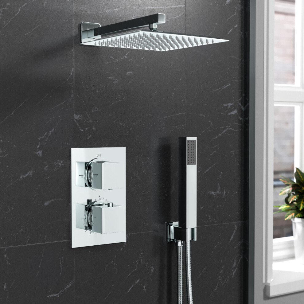 2 Way Square Concealed Thermostatic Shower Mixer,Head,Handset set Chrome