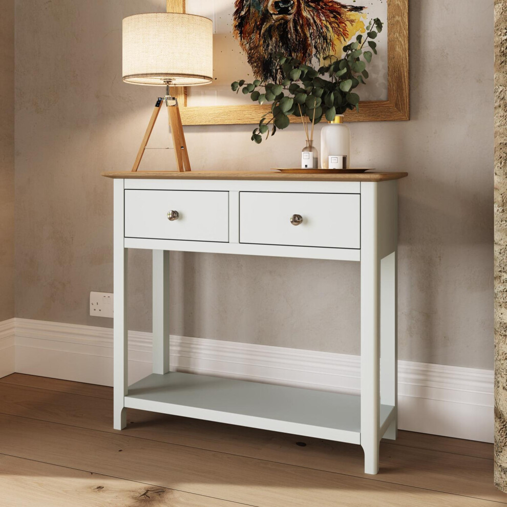 2 Drawer Console Table Linen White Large Oak Top Painted Finish