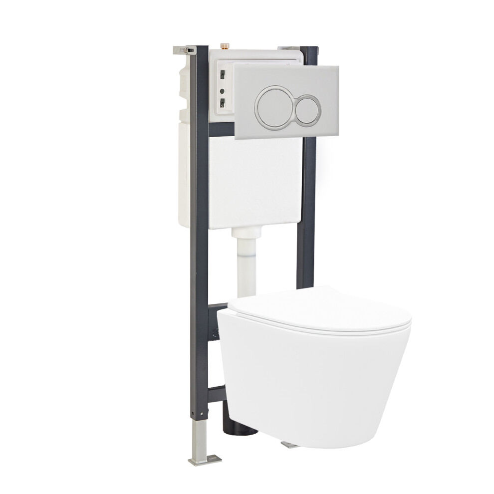 Nes Home White D-Shape WH Toilet Concealed Frame & Round Button Flush Plate