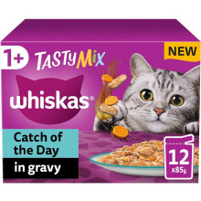Whiskas Tasty Mix 1+ Cat of the Day in Gravy Adult Cat Food 12 Pouches 85g, Pack of 4