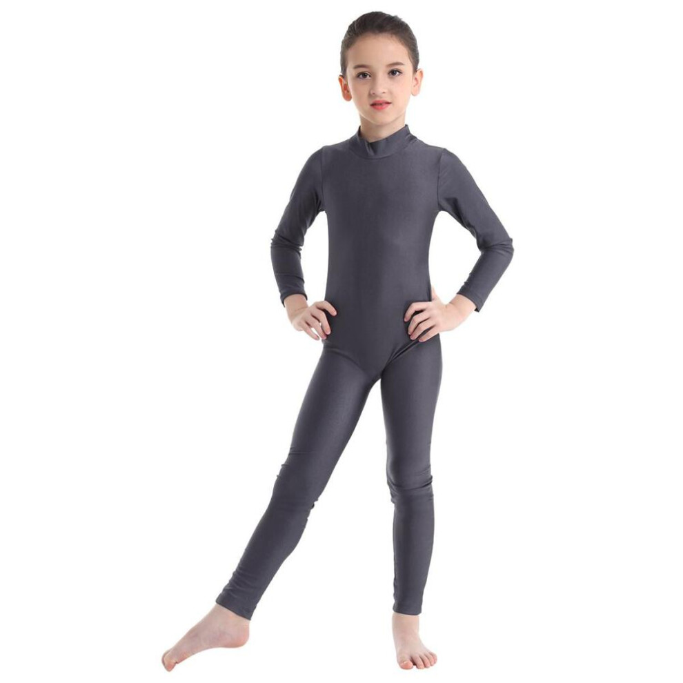 (dark gray, 12-14 Years) Children&apos;s Girls Long Sleeve Dance Gymnastic Leotard Unitard Full Length Bodysuit Catsuit Dancewear Costumes