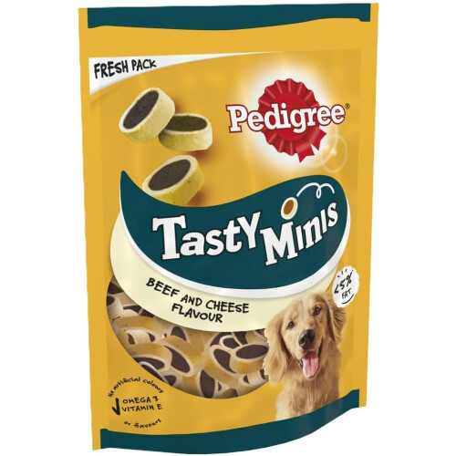 Pedigree Tasty Minis 8 x 140 g Bags, Dog Training Treats, Cheesy Nibbles with Cheese and Beef Flavouring