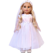 Kleine Engel - 4-delige 18 inch meisjespopoutfit - eerste communiejurk van wit satijn en tule met lange handschoenensluier en witte schoenen (pop nie