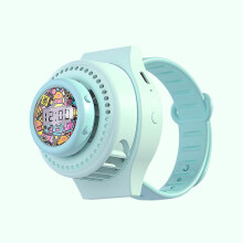 (Clock style-green) New Update Cartoon Electric Clock Watch Fan Rechargeable Usb Wristband Leafless Fan For Children