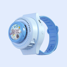 (Clock style-Blue) New Update Cartoon Electric Clock Watch Fan Rechargeable Usb Wristband Leafless Fan For Children