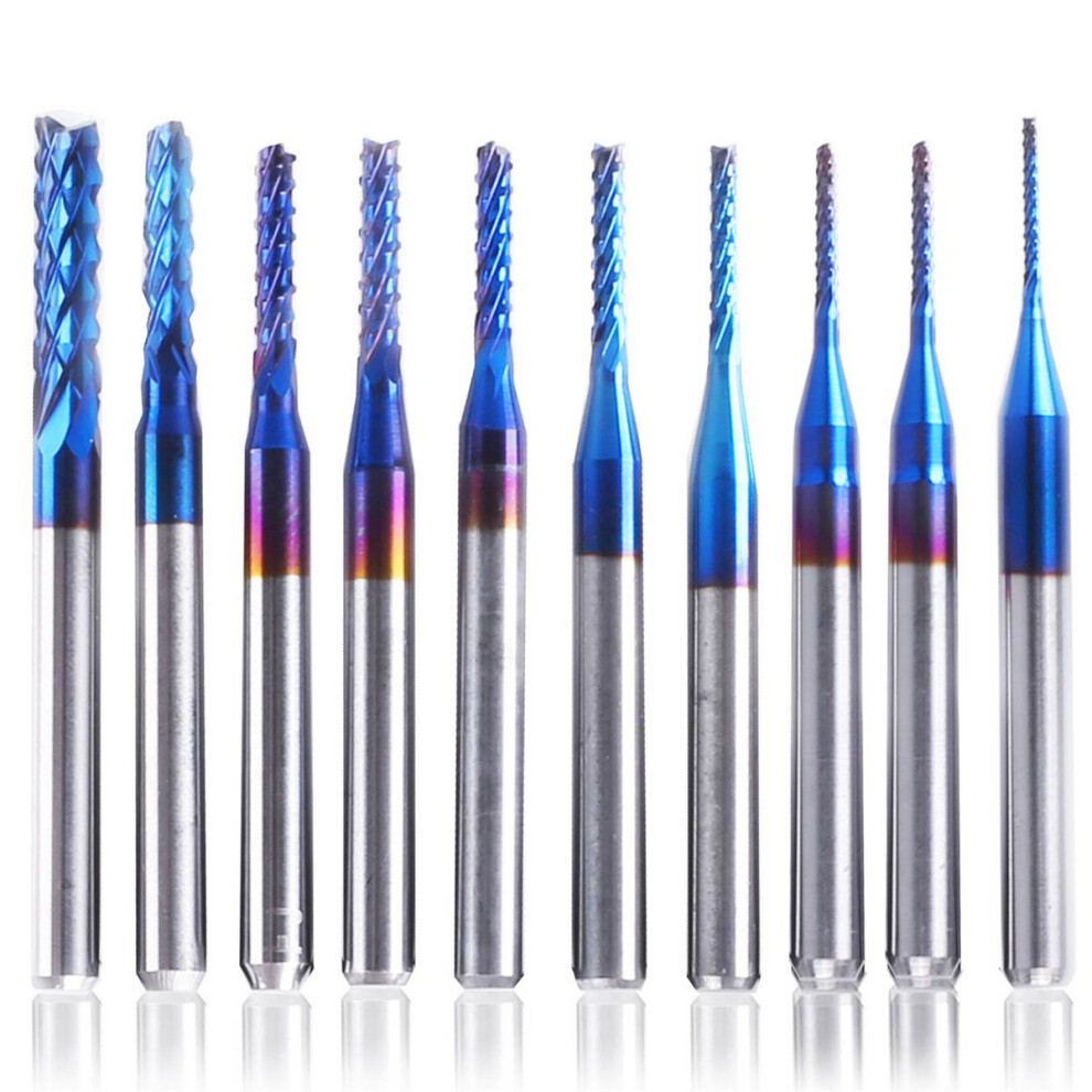 10Pcs 0.8-3Mm Blue Nano Coating Engraving Milling Cutter Carbide End Mill Cnc Router Bits 1/8 Inch Shank 623414318136