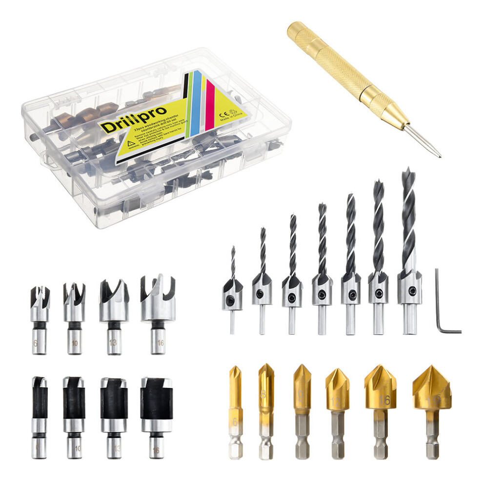 Drillpro 23Pcs Woodworking Chamfering Countersunk Drill Bit Set 5 Flute Chamfering Drill Wood Plug Cutter Automatic Center Punch Drill 623414334457
