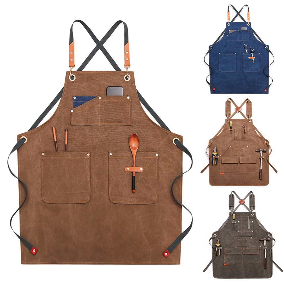 Canvas Woodworking Apron Shop Apron Pockets Waxed Wax Cloth Waterproof Apron Chef Tool Storage - Blue 623414336383