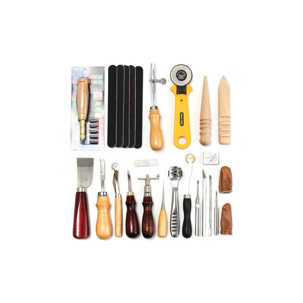 24 Pcs Leather Craft Tools Kit Hand Sewing Stitching Punch Carving Work Saddle