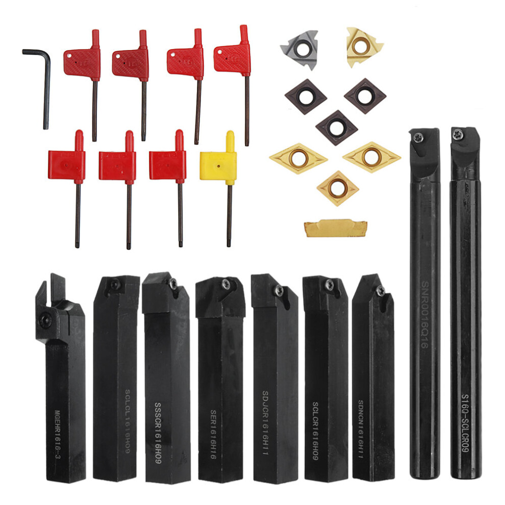 Drillpro 9Pcs 16Mm Shank Lathe Boring Bar Turning Tool Holder Set With Carbide Inserts 623414354578