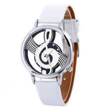 (White) Lady Womans Wrist Watches Simple Casual Engraving Hollow Stylish Musical Note Painted Leather Bracelet Lady Bracelet Watches
