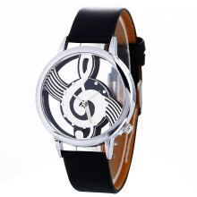 (Black) Lady Womans Wrist Watches Simple Casual Engraving Hollow Stylish Musical Note Painted Leather Bracelet Lady Bracelet Watches