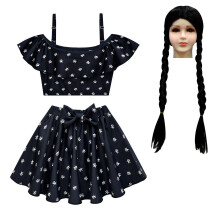 (SIZE 110CM-3-4Y, Design A-Wig) Girls' Summer Split Swimsuit Adams Family Girls' One-shoulder Swimsuit Wig Set