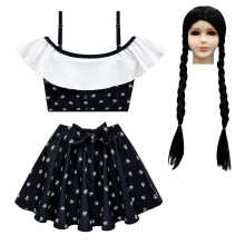 (SIZE 150CM-8-10Y, Design B-Wig) Girls' Summer Split Swimsuit Adams Family Girls' One-shoulder Swimsuit Wig Set