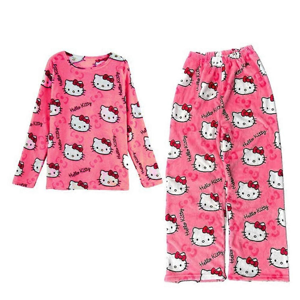 (2XL, Rose Red) Hello Kitty Printed Kawaii Cartoon Pajamas Pyjamas Set for Women Girls,Long Sleeve Shirt Pants Sleepwear Home Wear Set