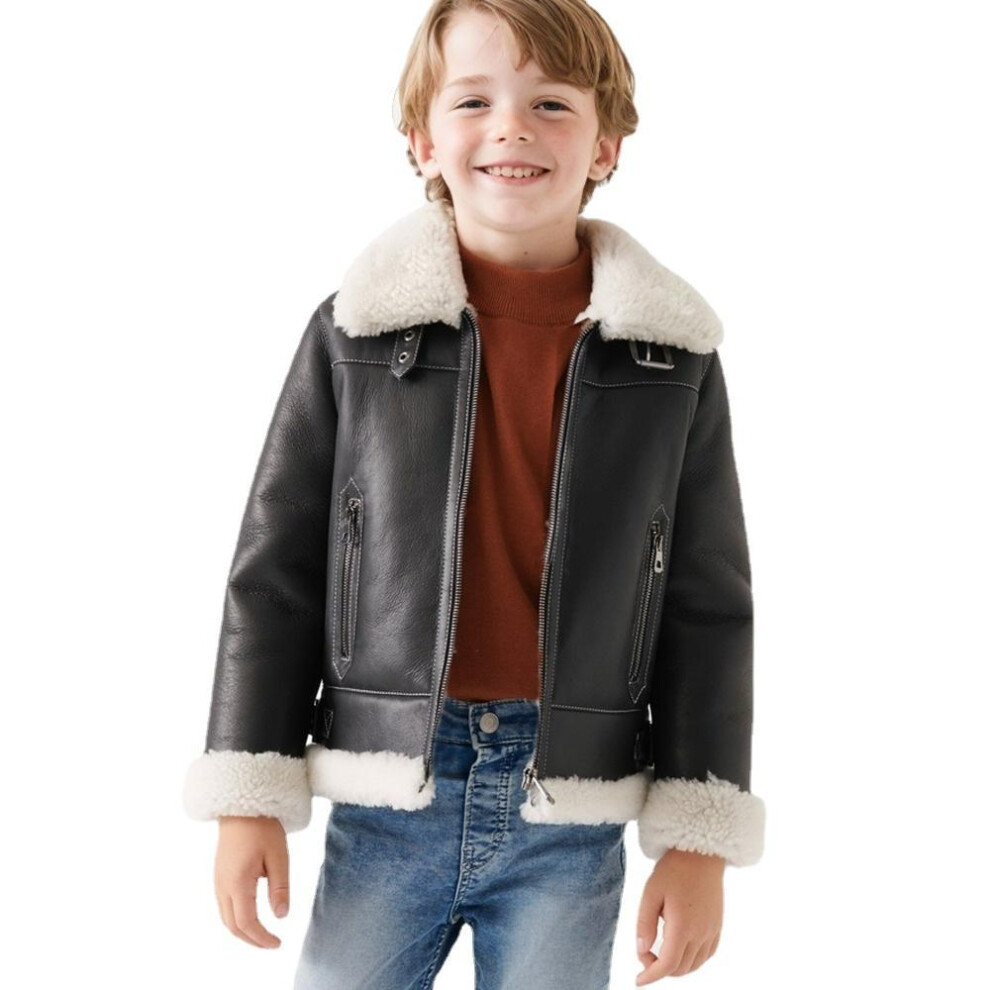 (black, 120) Kids Boys And Girls Autumn And Winter Fleece Pu Leather Turn-down Collar Solid Color Zip Jacket