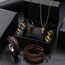 (AYA 10pcs) 10 Pcs Vintage Cross Pendant Men Jewelry Set Natural Stone Stainless Steel Zircon Necklace
