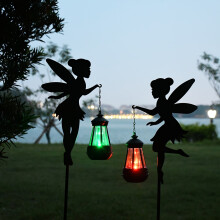 (Metal) 2pcs Solar Fairy Garden Stakes, Metal Silhouette Path Lights with Colorful LED Lanterns, Solar Powered Waterproof IPX4 Lawn Lamps, Push Button Control