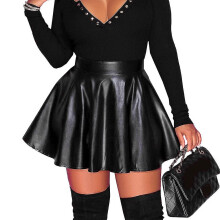 (L, Black) Womens Ladies High Waist Mini Skirts Faux Leather Wet Look Flared Skater Skirt
