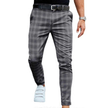 (3XL, Dark Grey) Men Plaid Chino Pants Business Formal Work Skinny Slim Fit Trousers Bottoms