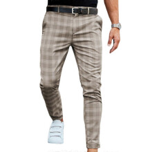 (S, Khaki) Men Plaid Chino Pants Business Formal Work Skinny Slim Fit Trousers Bottoms