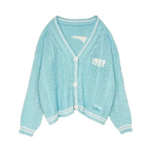 (XL, Blue) Taylor Swift Women V-Neck Cardigan Long Sweater Embroidered Cable Knitted 1989 Button Up Tops