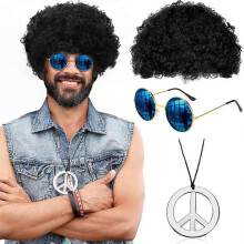 (Black) 3Pcs/set Hippie Costume Set Afro Short Curly Hair Wig Glasses Necklace For Men Boys Rocker Cosplay 70s 80s Party