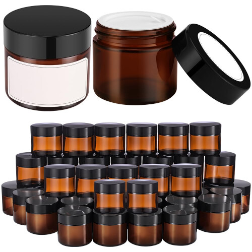 2 oz Round Amber Glass Jars, Bumobum 48 pack Cream Jars with Black Lids ...