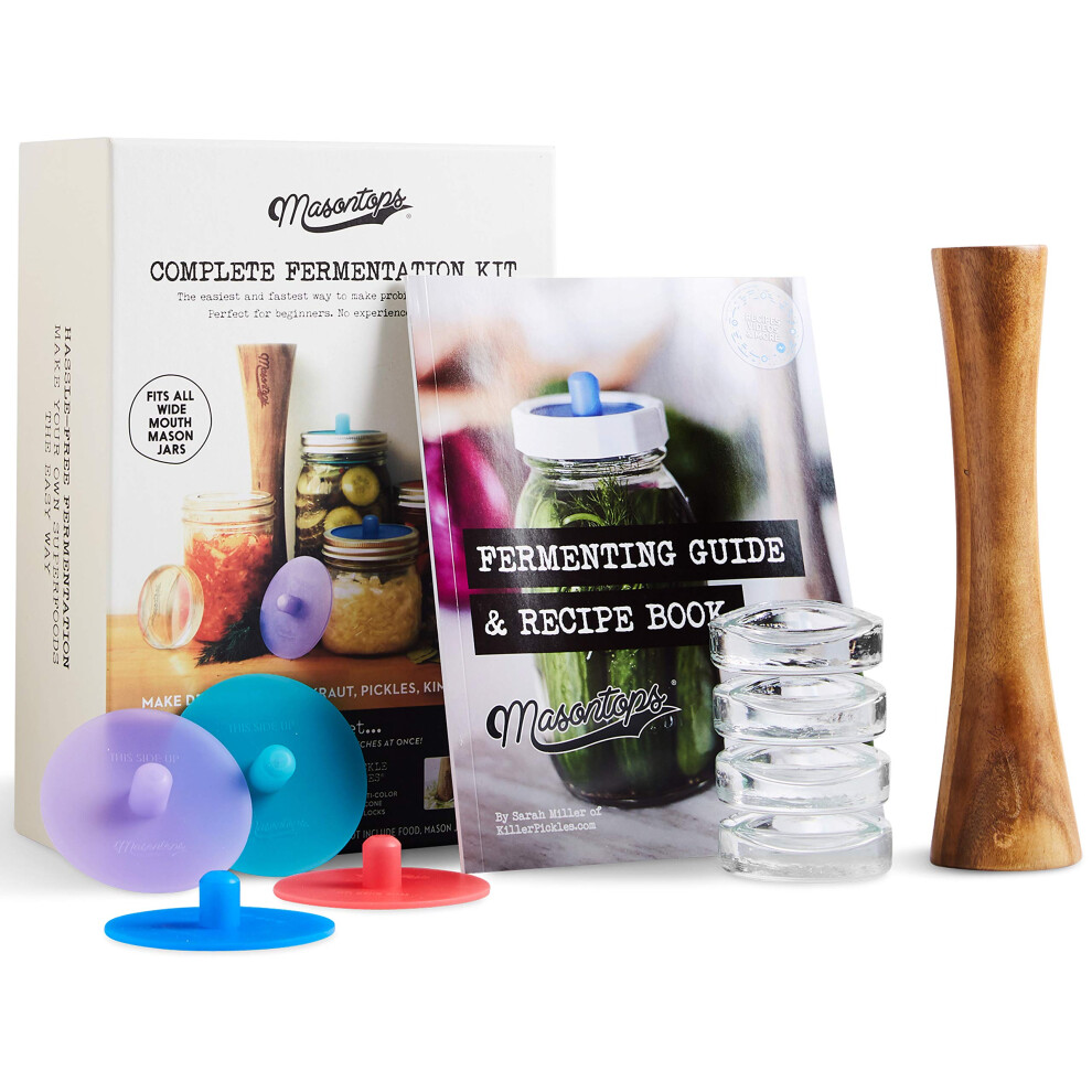 Masontops Complete Mason Jar Fermentation Kit - Pickle Kit, Sauerkraut Making Kit Kimchi Container - Fermenting Kit Fermentation Airlock Lids For Wide