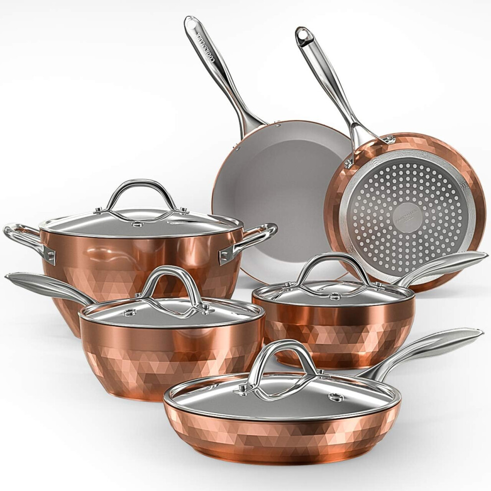 cOOKSMARK 10-Piece Diamond Nonstick ceramic Induction cookware Set Scratch-Resistant Pots and Pans Set with Lids, Dishwasher Safe Oven Safe, copper