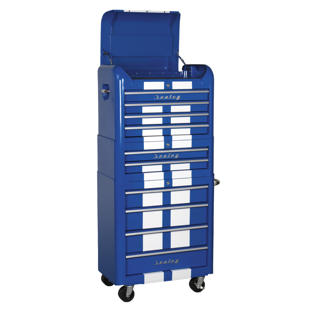 Sealey Premier™ Retro Style Topchest, Mid-Box Tool Chest & Rollcab Combination 10 Drawer - Blue with White Stripes AP28COMBO2BWS