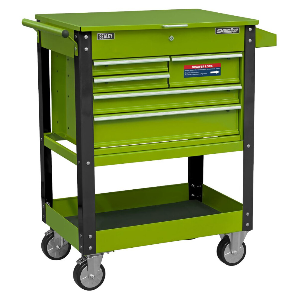 Sealey Superline PRO® Heavy-Duty Mobile Tool & Parts Trolley with 5 Drawers and Lockable Top - Hi-Vis Green AP890MHV