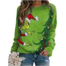 (Green, L) Lady The Grinch Printed Sweatshirt Crew Neck Christmas Casual Loose Pullover Jumper Tops