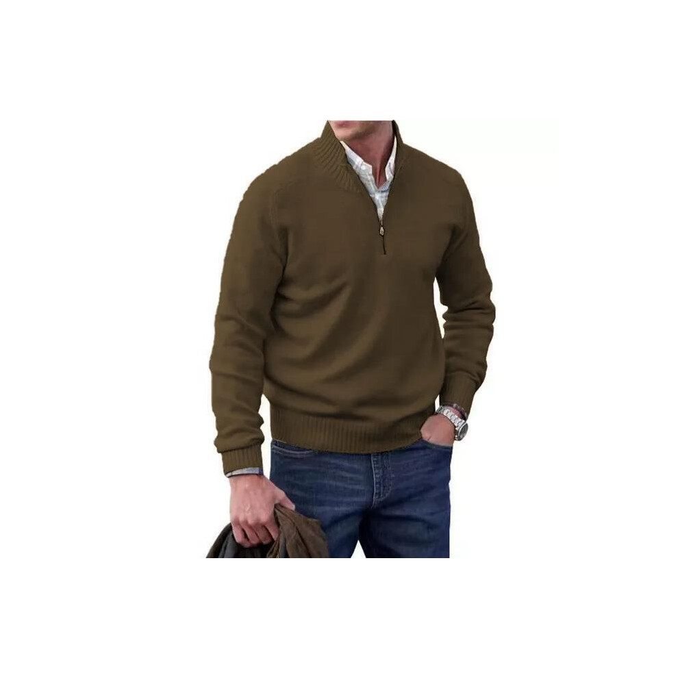 (Dark Brown, XL) Zip Jumper Pullover Mens Knitted Sweater Turtleneck Streetwear