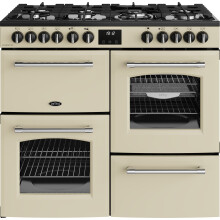 Belling Farmhouse 100DF 100cm Dual Fuel Range Cooker - 7 Burners, Maxi-Grill & PowerWok - Cream & Antique Brass