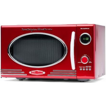 Nostalgia Retro Microwave Oven, 900 Watts with 5 Power Levels, 12 Pre-Programmed Cooking Settings, Turntable, Digital Clock, 25 Liters, Red