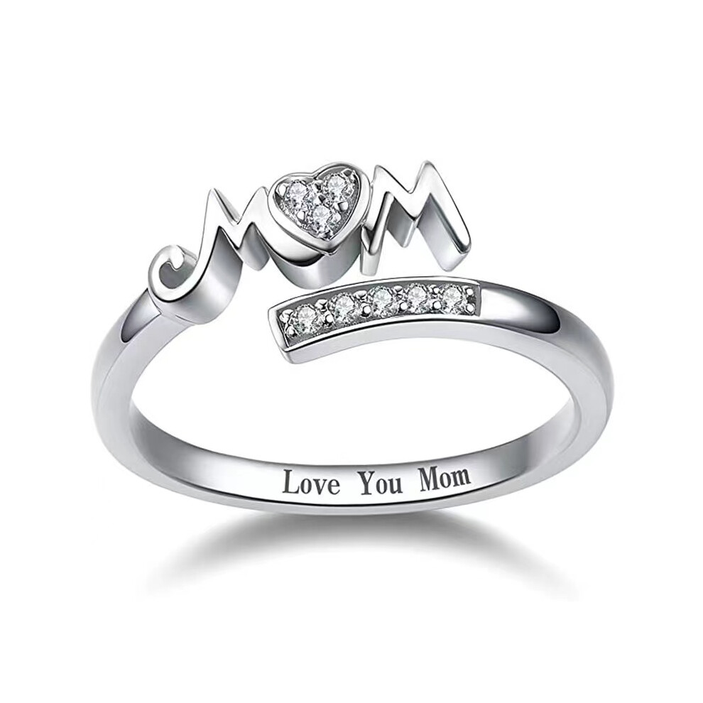 (silver) Inlaid Zircon Ring MOM Letter Love Ring Open Adjustable Ring Mother's Day Gift Jewelry