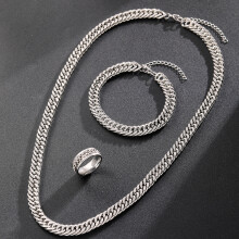 (AY6120801) Trendy Stainless Steel Cuban Chain Bracelet Necklace Ring Set