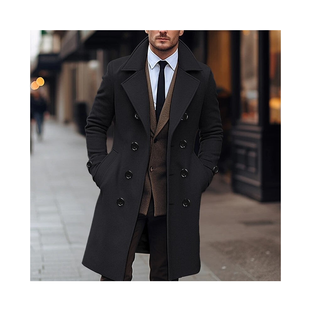 (Black, L) Fall Winter Men Woolen Coat Double Breasted Long
