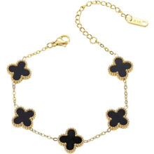 (BLACK) 18K Gold Plated Clover Lucky Bracelet for Women Girls Trendy Link Bracelet Adjustable Plated Lucky Jewelry Christmas Wedding Birthday Best Gifts