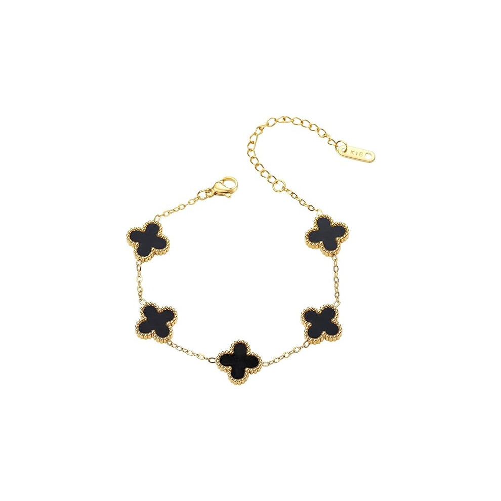 (BLACK) 18K Gold Plated Clover Lucky Bracelet for Women Girls Trendy Link Bracelet Adjustable Plated Lucky Jewelry Christmas Wedding Birthday Best Gifts