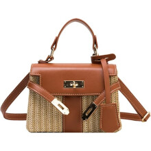 Women's Straw Beach Bag Crossbody Bag, Summer Leather Stitching Straw Handbag Shoulder Bag